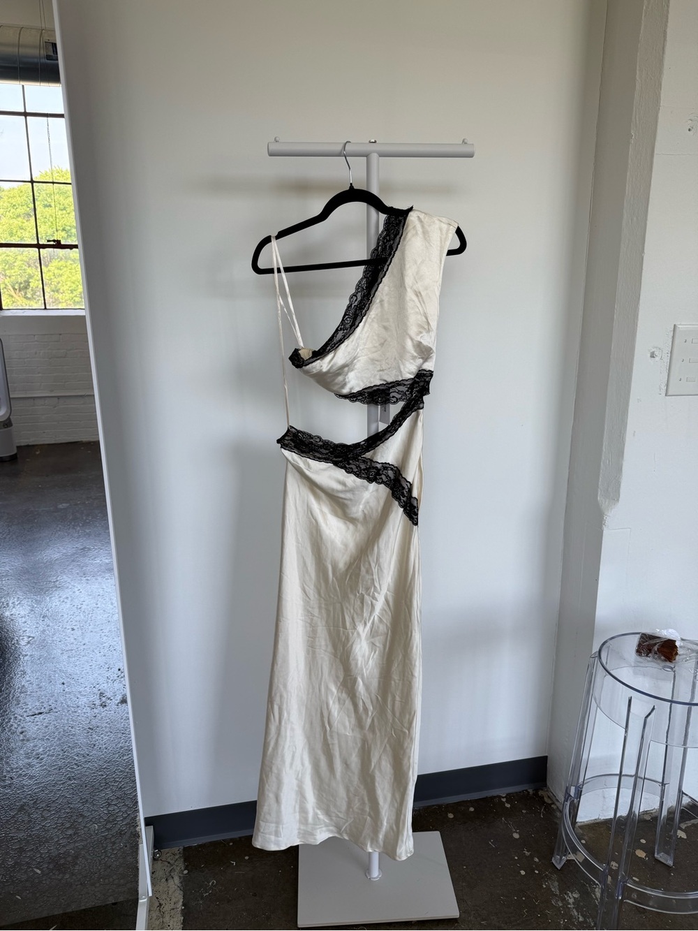 Ivory One-Shoulder Slip Dress with Black Lace Trim